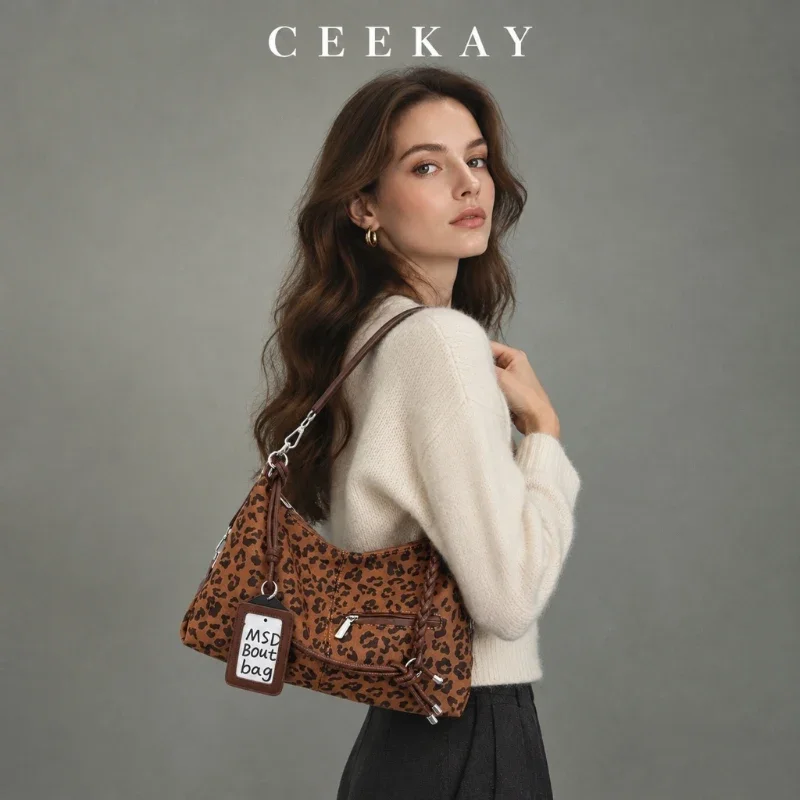 CEEKAY Leopard Print Hobo Bag Braided Knotted Strap Front Zip Pocket Luggage Tag All-Match Daily Wear Roomy Elegant Classic