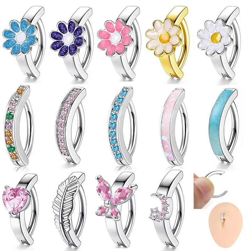 1 Piece Flower Shape 14G Belly Button Ring Rhinestones Navel Piercings Click Reverse Curved Navel Barbell Body Jewelry 10MM