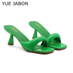 Women's New Slippers Sexy Leather Slingback Roman Stiletto Heels Elegant Strange Heel Square Head Satin Pull-On Femme Zapatillas