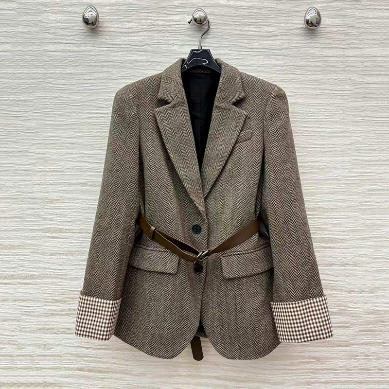 

Женский однобортный пиджак, топ с поясом и завязкой на талии, высококачественный костюм из смеси шерсти, осень, новый стиль, 2025 г.