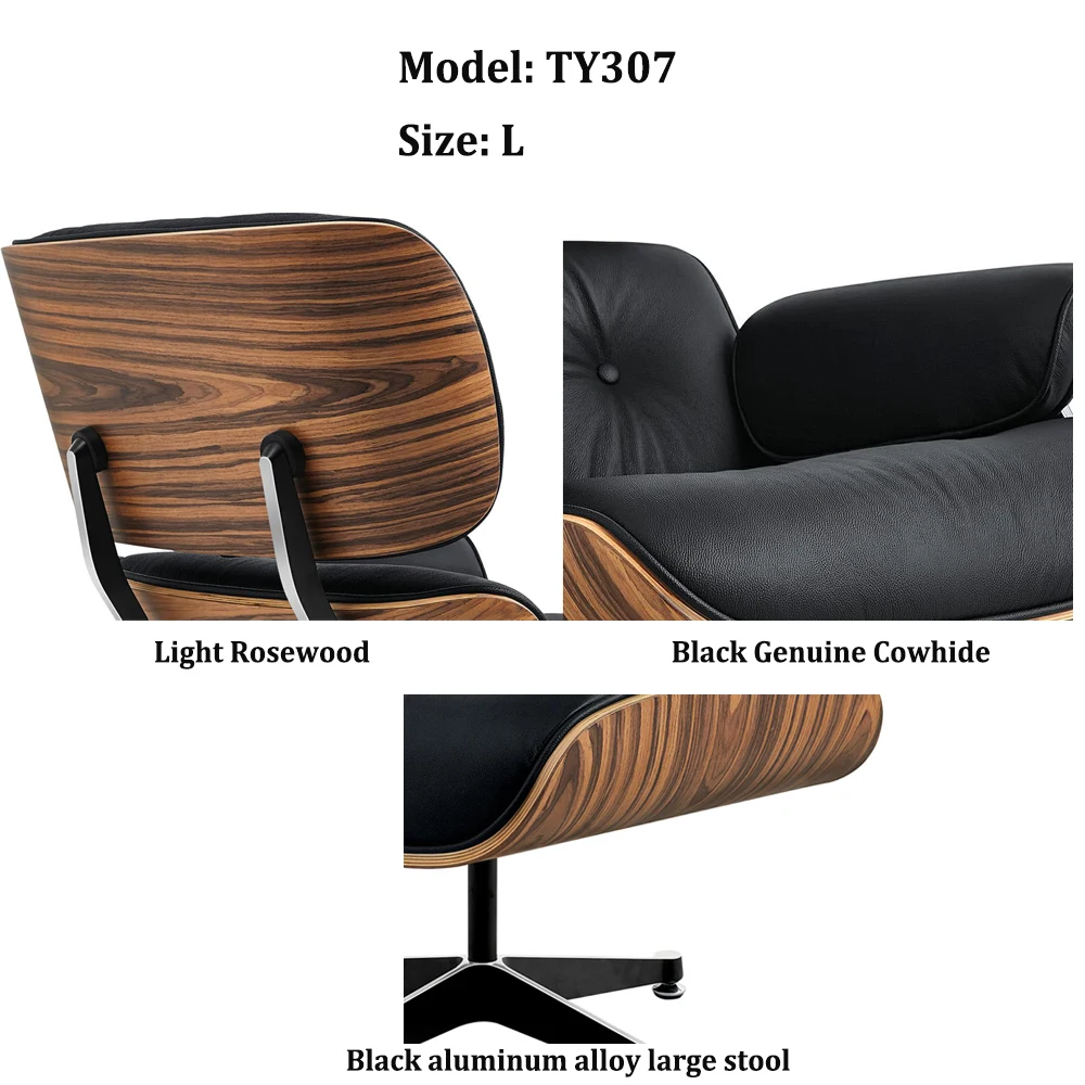 Fauteuil inclinable classique TY307 avec repose-pieds, en cuir de vachette noir, design épuré, avec accoudoirs en bois clair, grand repose-tête et repose-pieds pivotants