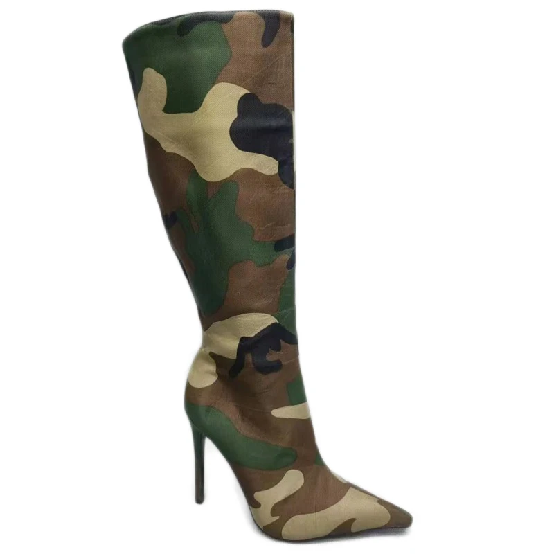 

DIZHUANG shoes Fashionable women's high-heeled boots. About 11cm heel height. Knee high women's boots. Camouflage boots. 34-46