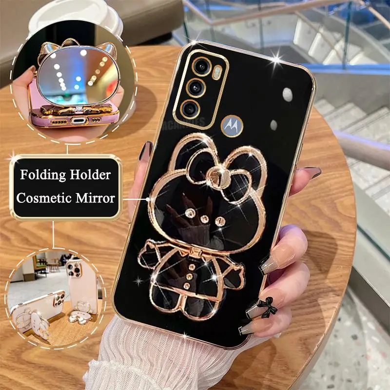 Luxury Plating Mirror Holder Case For Motorola Moto G60 G20 G30 G10 G22 G52 G13 G23 G50 G9 Silicone Stand Cover