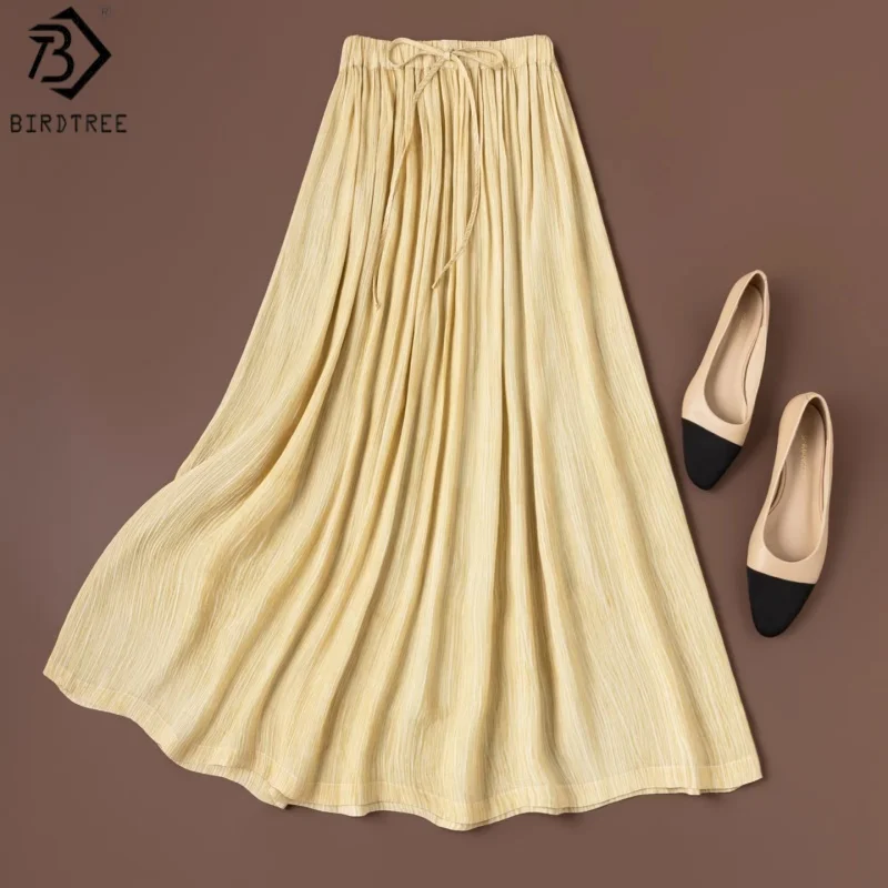 Birdtree, 100% Real Silk A-type Skirt, Commuting Style, Women's Loose Drawstring Skirts, Elastic Waist, 2026 Summer New D64708JF