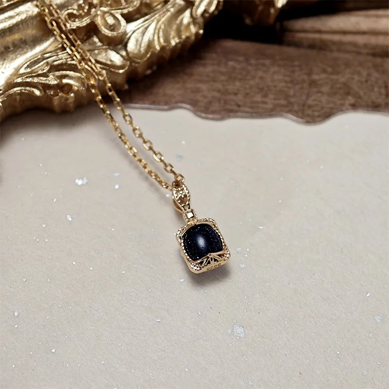 LAMOON Vintage Natural Blue Sandstone Gemstone Pendant Necklace For Women Elegant 925 Sterling Silver Gold Plated Fine Jewelry