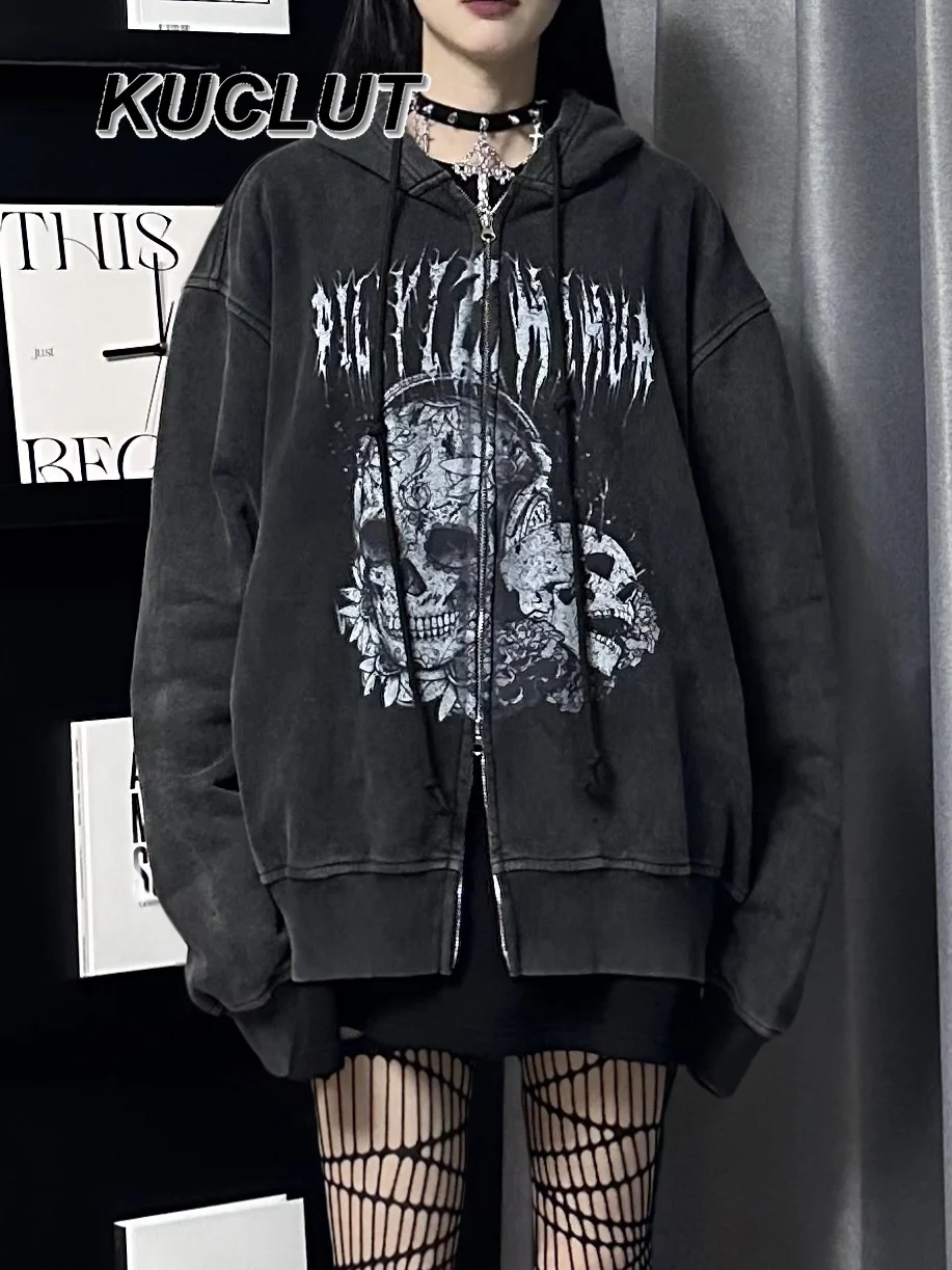 

Y2k Punk Style Print Fleece Lined Vintage Hooded Zipper Sweatshirt Fashion Casual Loose Hoodies for Women Autumn Winter