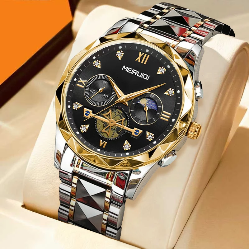 

Мужские повседневные кварцевые часы с указателем фаз луны, золотисто-черные, многофункциональные