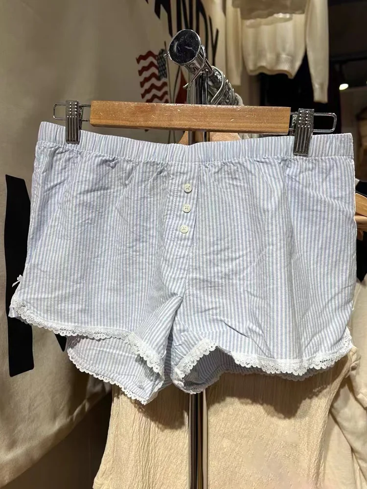 Lace Patchwork Stripes Shorts Women Cotton Buttons Elastic High Waist Casual Straight Short Pants Sweet Bow Summer Sweatshorts