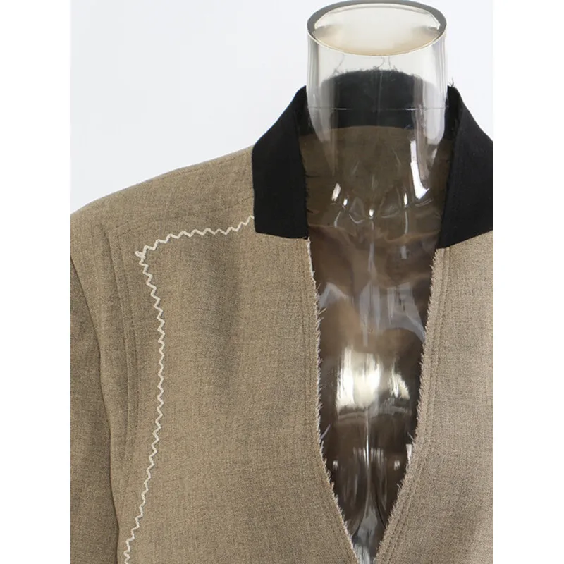 YERMORA Khaki Patchworkowa Kurtka Casualowa Damska z Dekoltem w Serek, Długim Rękawem, Luźna, Nowa Modna Kurtka na Wiosnę i Jesień 2025