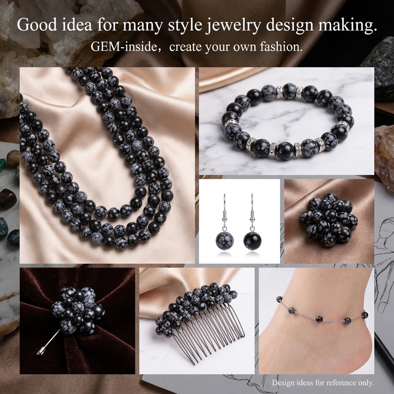Natural Stone Round Snowflake Obsidian Beads For Jewelry Making Strand 15\
