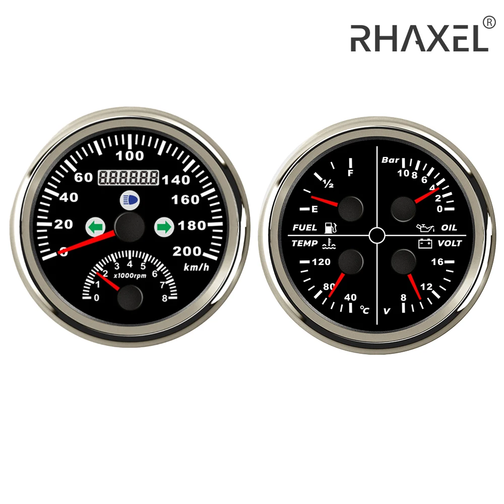 RHAXEL 2 Gauge Kit Motor RV 2in1 Speedometer GPS 200km/h with Tachometer 4in1 Fuel Level Water Temp. Oil Pressure Voltmeter 12V