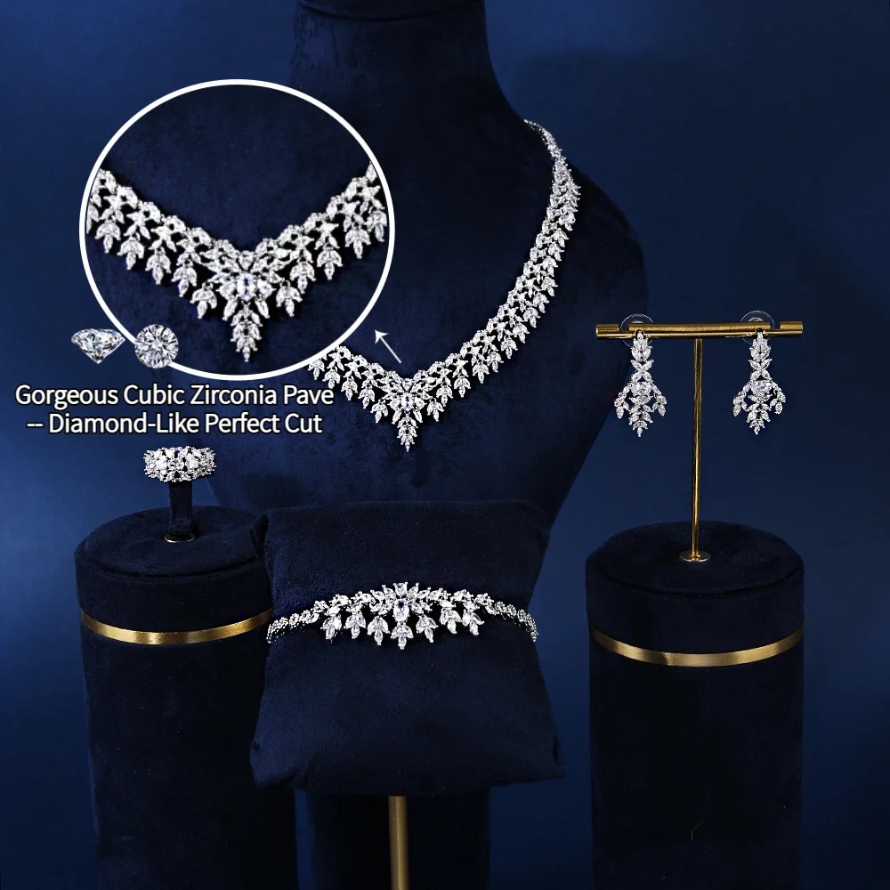 BLUE COAST Dubai Luxury 4pcs Sets Sparkling Crystal Wedding Bridal Shinning Jewelry Accessory For Bride Party Date Queen Gift