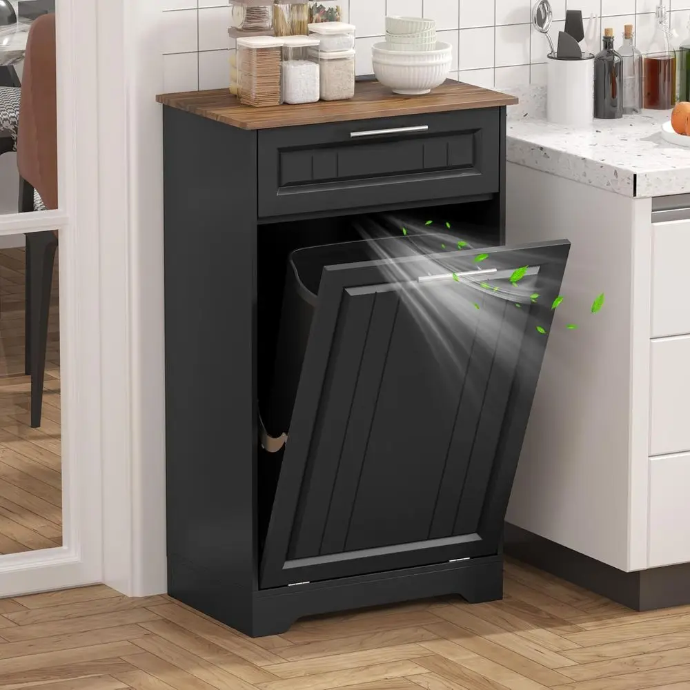 

Деревянный мусорный шкаф на 10 галлонов с функцией дезодорации, выдвижными ящиками для хранения, для использования на кухне, в столовой и ванной комнате, черный