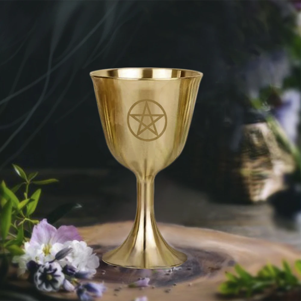 Three phase moon pentagram brass Holy Grail, Wicca Ceremony Holy Water Cup, Altar Chalice, Desktop Decor Tarot ornament, 2Pcs