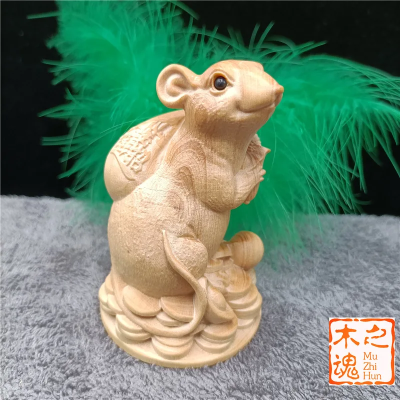 Lobular Boxwood Carving Home Decoration Car Small Ornaments Lucky Ingot Mouse Zodiac Rat Hand Pieces Backpac Pray for peace Safe