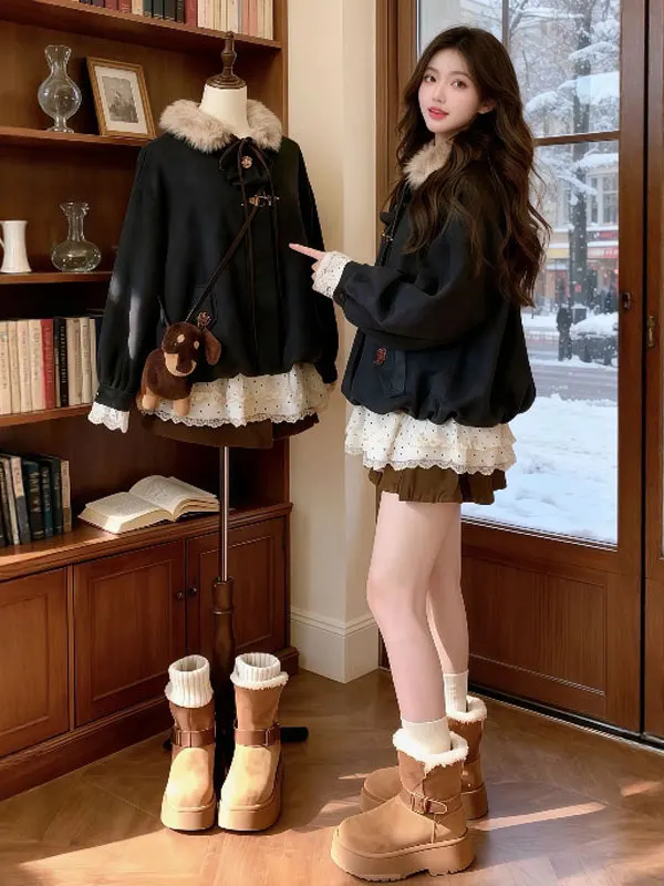 

Retro Soft Sle ort Cotton Jaet Inner Dr Two-Piece Set Small Size Spring ular Warm Knitted High Collar Single Button