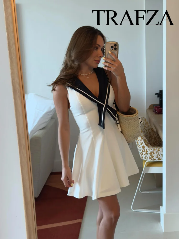 

TRAFZA Women Summer Fashion Navy Style Sexy Slim V-neck White Splicing Dress Female Elegant Zipper Sleeveless Mini Dress Mujer