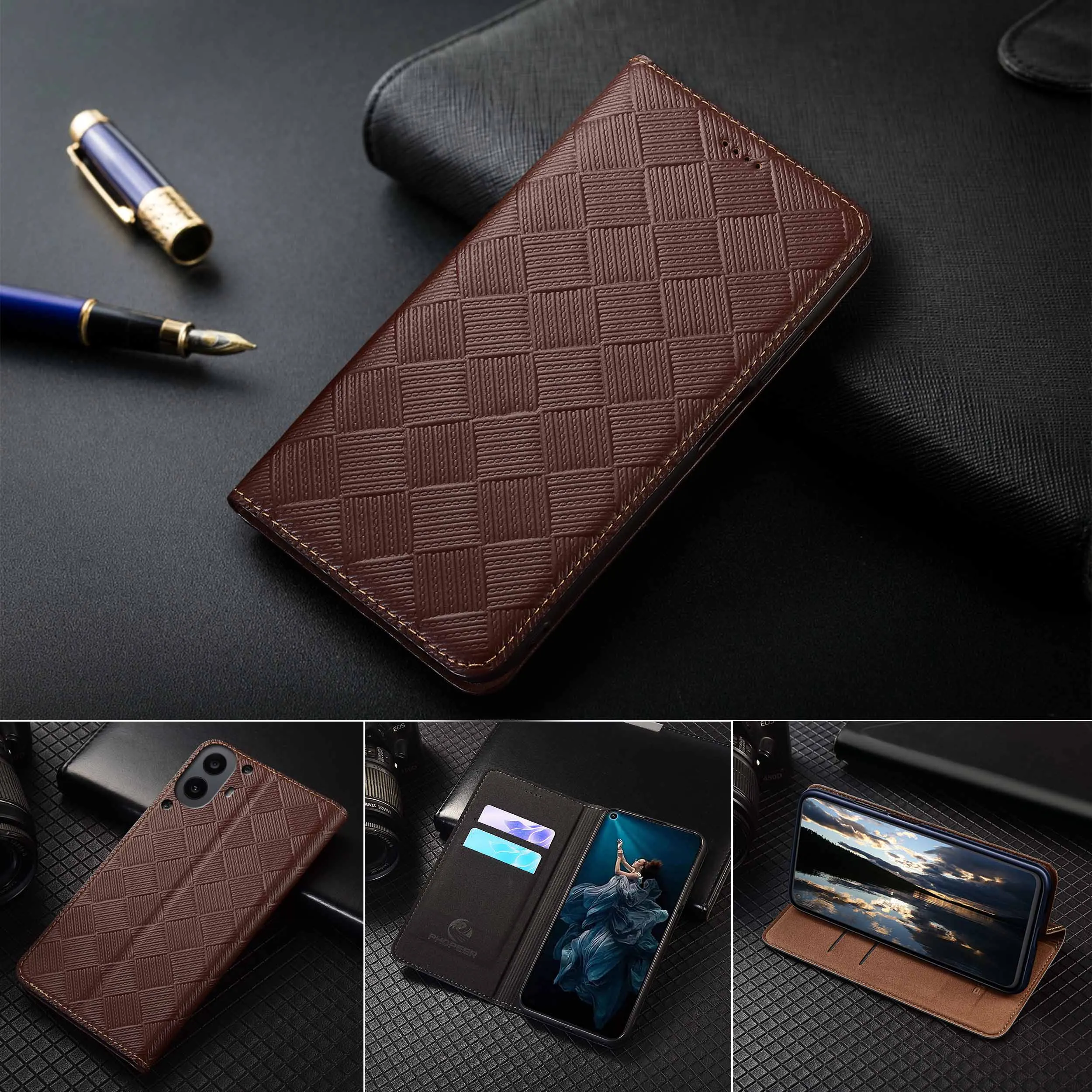 

For Nothing CMF Phone 1 2 2A 3 3A Pro Plus Knit Pattern Of Genuine Leather Wallet Flip Phone Cover Case Cowhide Scratch Proof