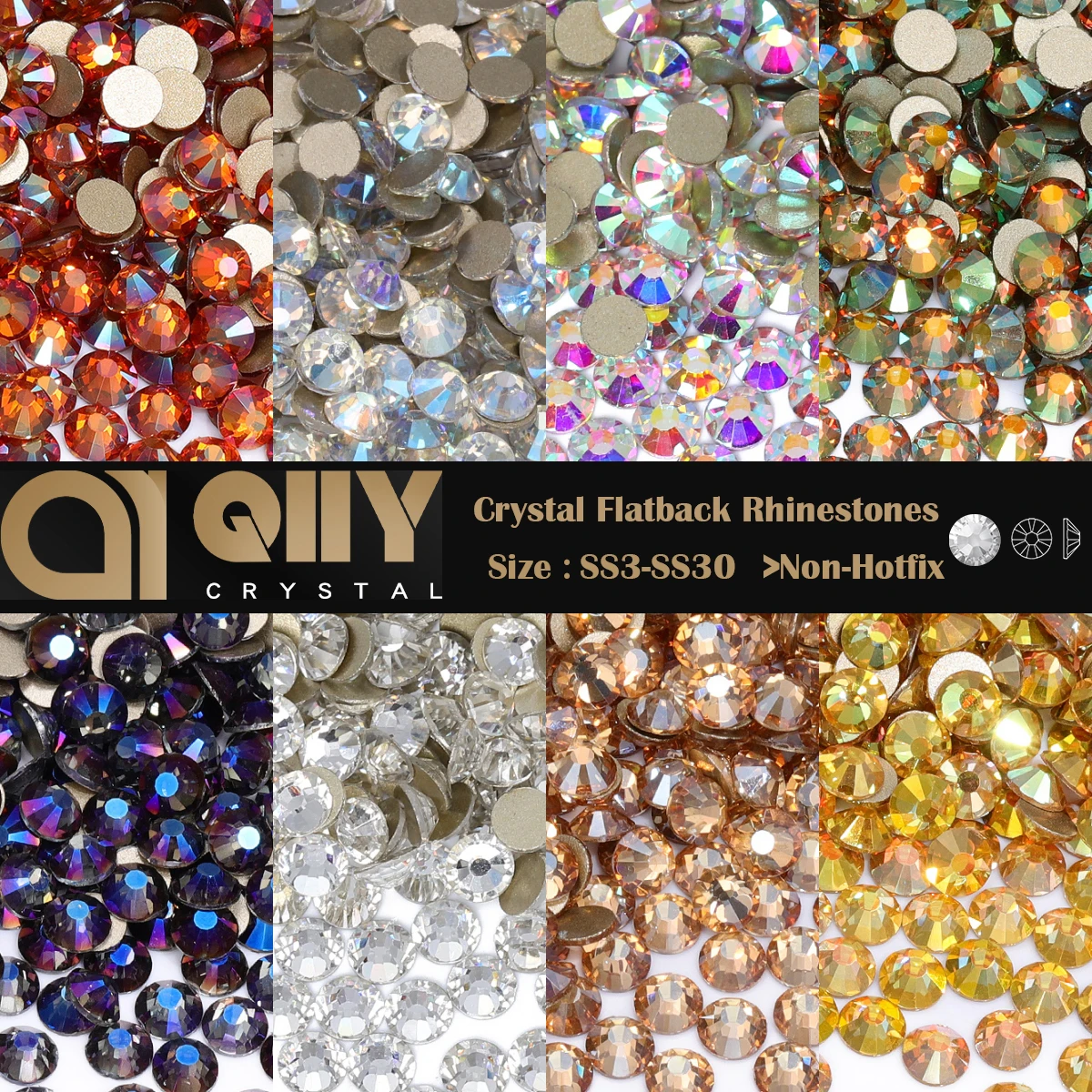 QIIY SS4-SS30 Hochwertige Kristall-Strass-Steine mit Goldboden, Flache Glassteine für DIY-Handwerk und Nagelkunst-Zubehör