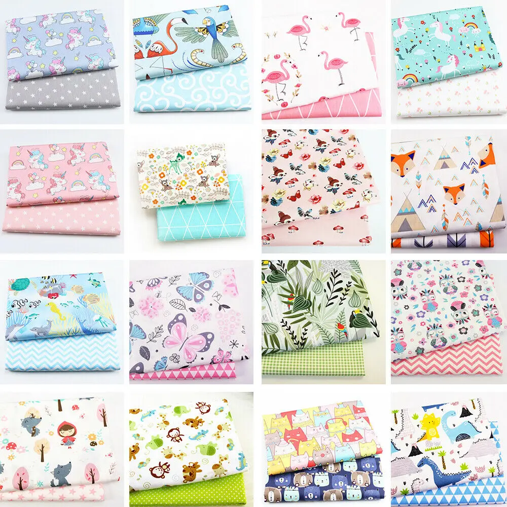 2Pcs 100% Cotton Cartoon Printed Fabric Twill Patchwork Cloth DIY Sewing Craft Textile Cloth Making Pillowcase Cushion Bedding