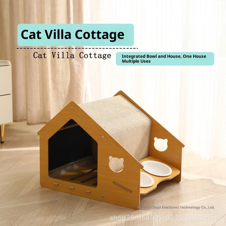 

New All-Season Enclosed Space-Saving Cat House with Bowl & Scratcher, Removable Washable Cat Villa, Cool Pet Bed for Indoor Cats