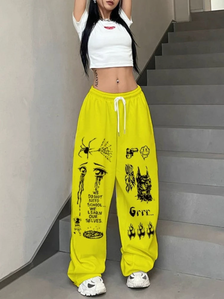 بنطال فضفاض بطبعة جرافيتي للنساء - بنطال رياضي فضفاض واسع الساق مع رباط، بنطال كاجوال على طراز Y2K Punk