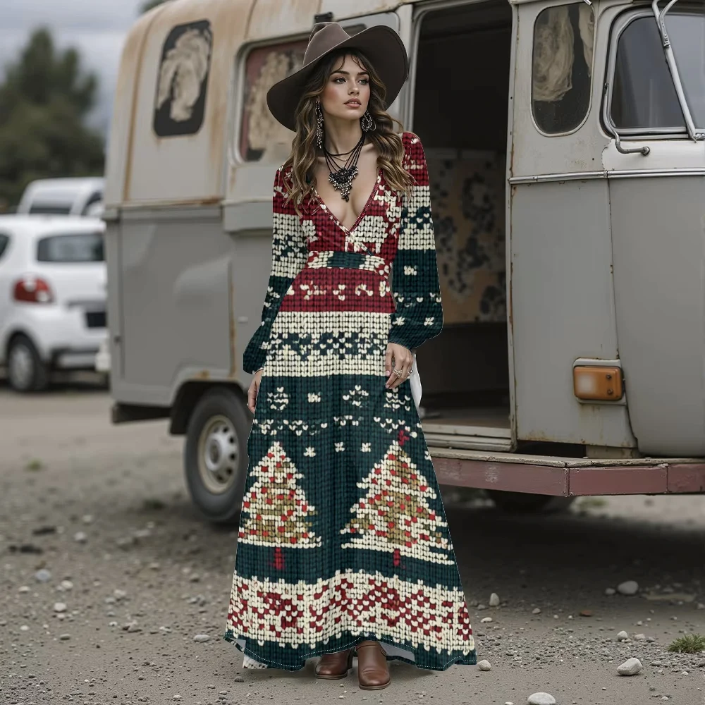 فستان نسائي وردي مطبوع عليه حيوان الرنة وندفة الثلج فستان عيد الميلاد القبيح أنيق ومثير عميق على شكل حرف v فستان ماكسي بوهو لحفلات العطلات #5