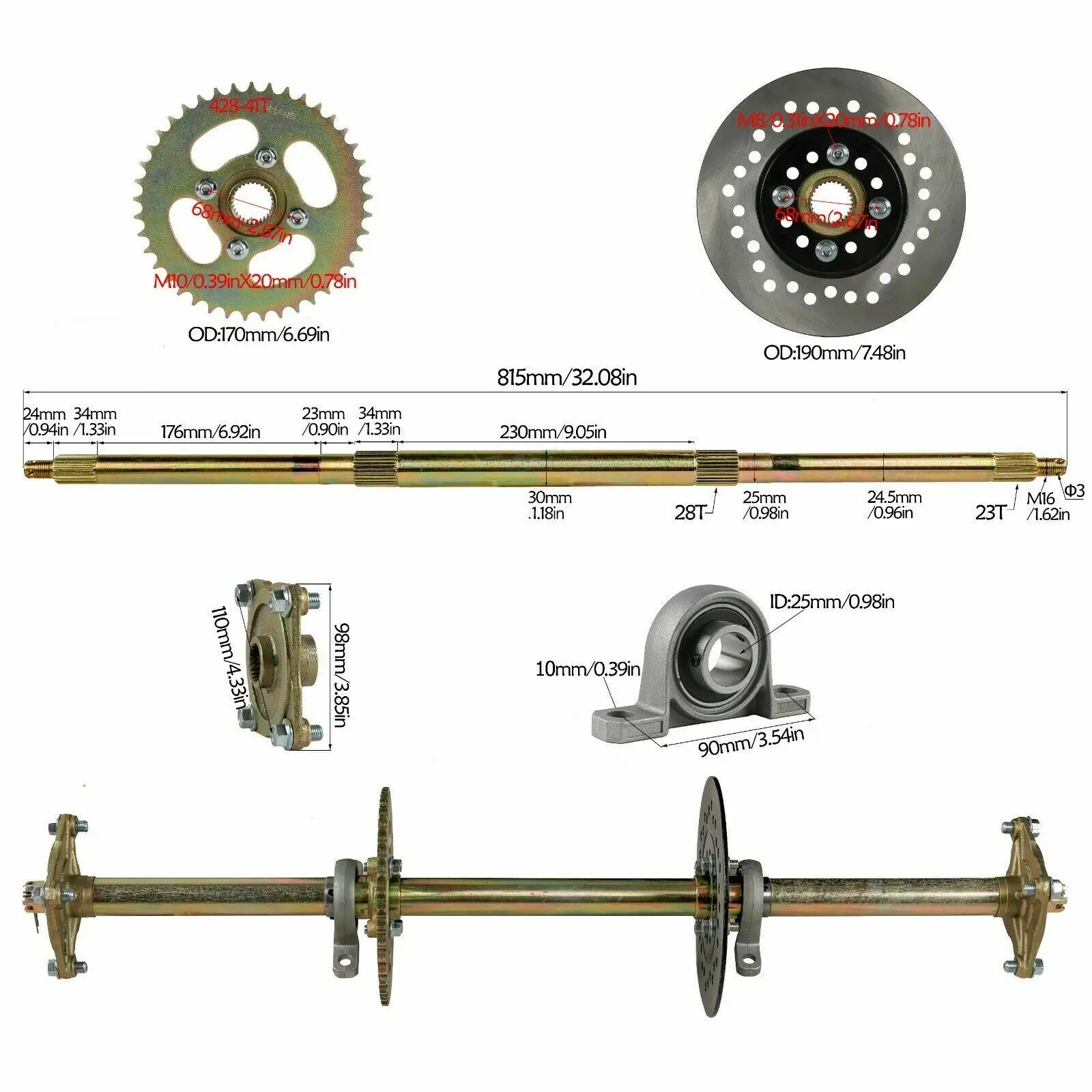 Drift Trike Go Kart Rear Live Axle Kit, Sprocket 428 41T & Wheel Hub Axle 815mm