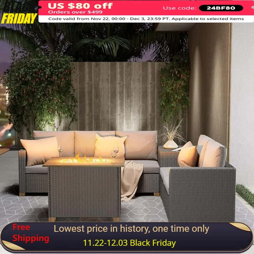 5-Piece Outdoor Sectional Sofa Sets, All-Weather Wicker Patio Furniture Sets with Fire Pit Table and Outdoor Storage Box