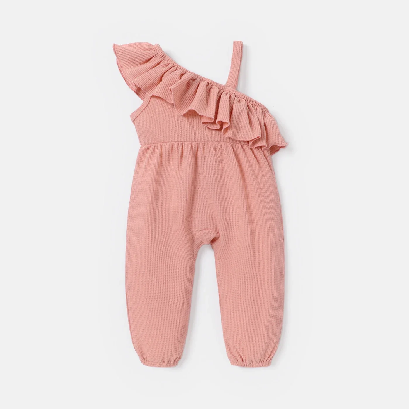 PatPat Baby Girl Pink Waffle Textured Ruffled One Shoulder Sleeveless Jumpsuit Suitable for Summer Season Basic Style