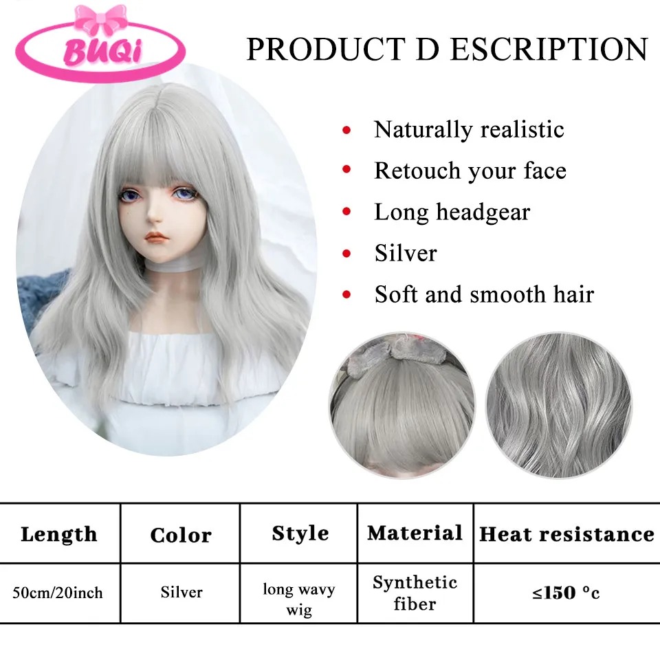 Synthetic wig Female long hair internet celebrity full head set big wave lolita cute natural bangs silver gray long curly hair