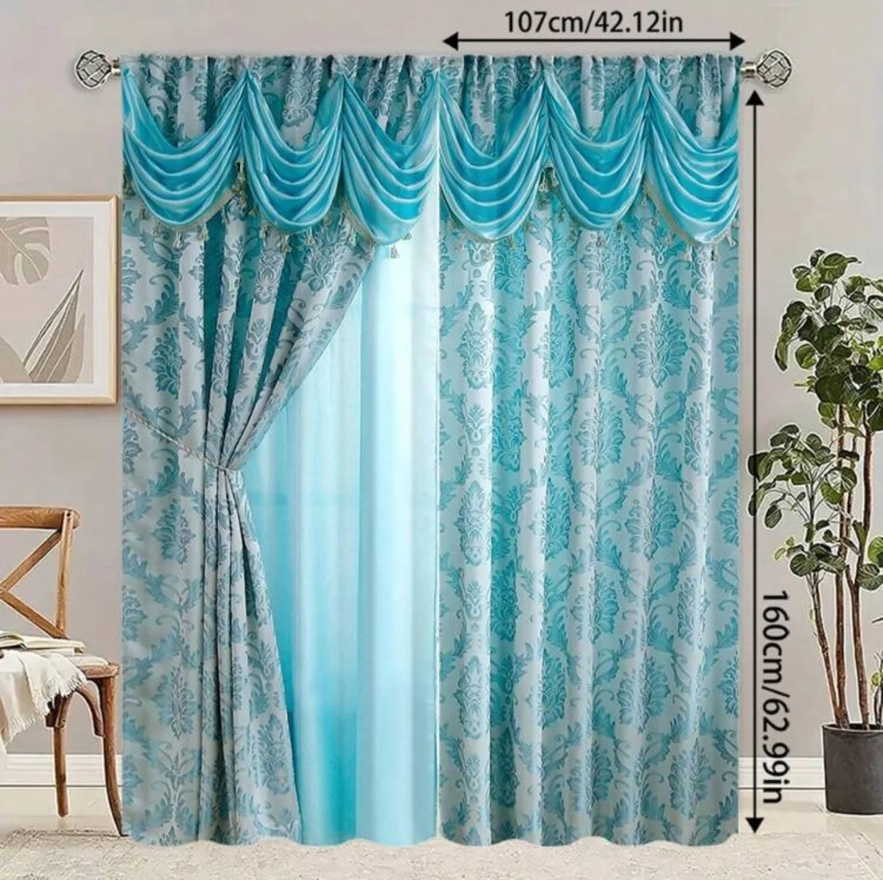 قطعتان - ستائر مطبوعة بنمط خلفية كاذبة على شكل زهرة زرقاء، غرفة النوم وغرفة المعيشة، ديكور المنزل، ديكور الغرفة #4