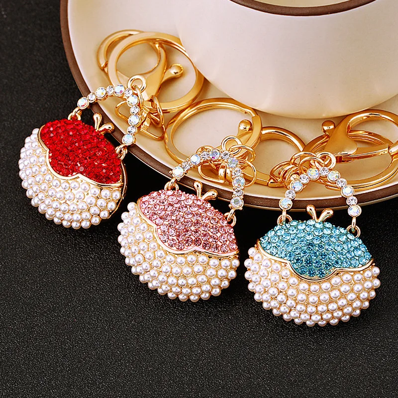 Cute 3D Rhinestone-Pearl Handbag Keychain Keyring Gift Girls Women's Handbag Decoration Key Chain Ring