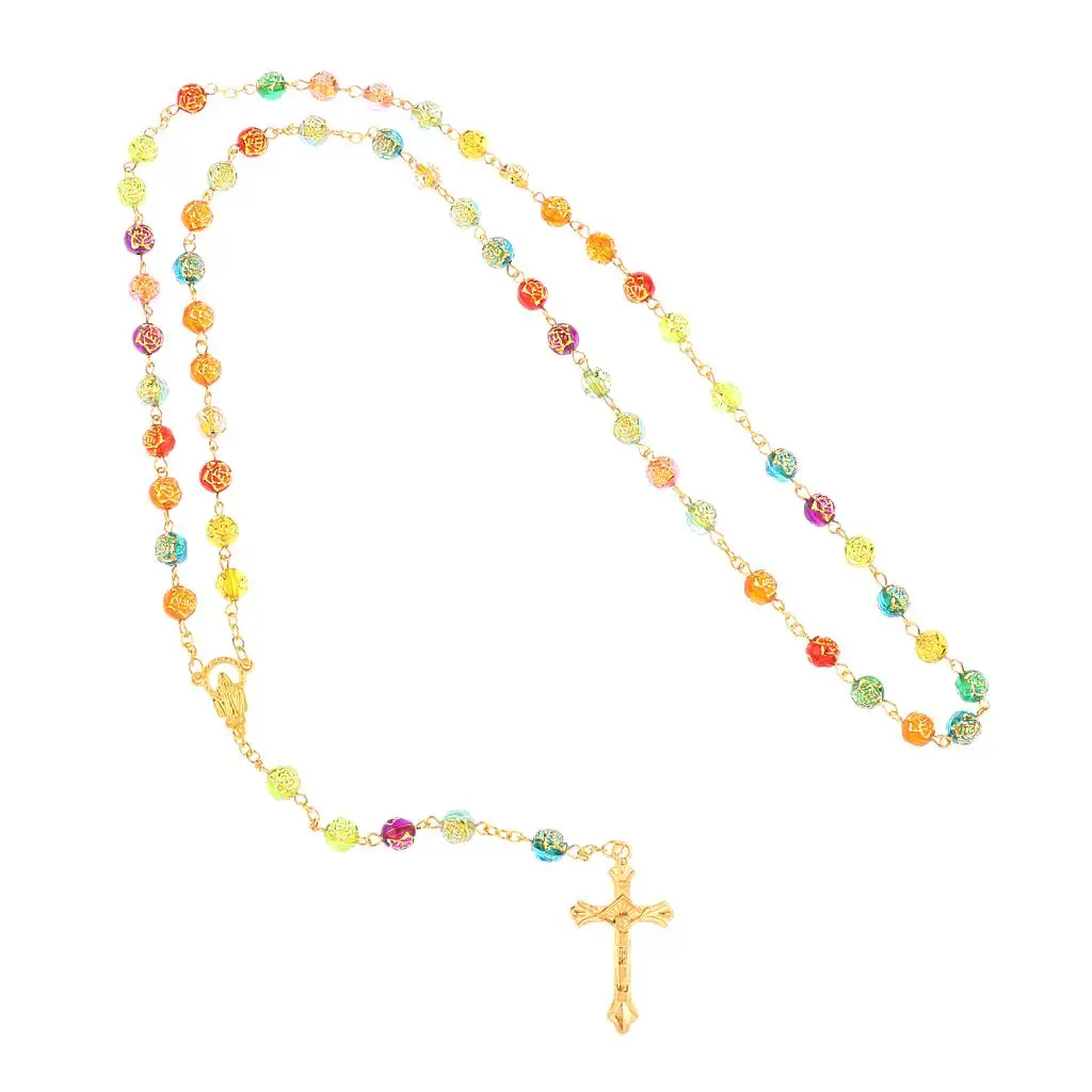 Jesus Cross Crucifix Pendant Necklace Acrylic Beads Chain Fashion Rosary Jewelry for Faith