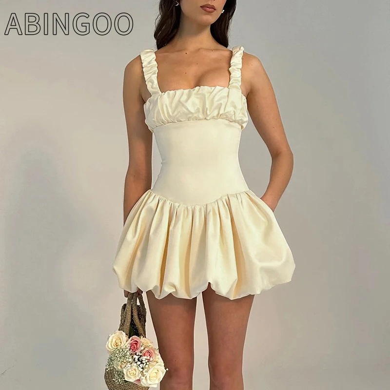 

ABINGOO Sexy Elegant Ruched Dress Spaghetti Strap Sleeveless A-line Skirt Solid Princess Birthday Party Ball Gown Mini Dress