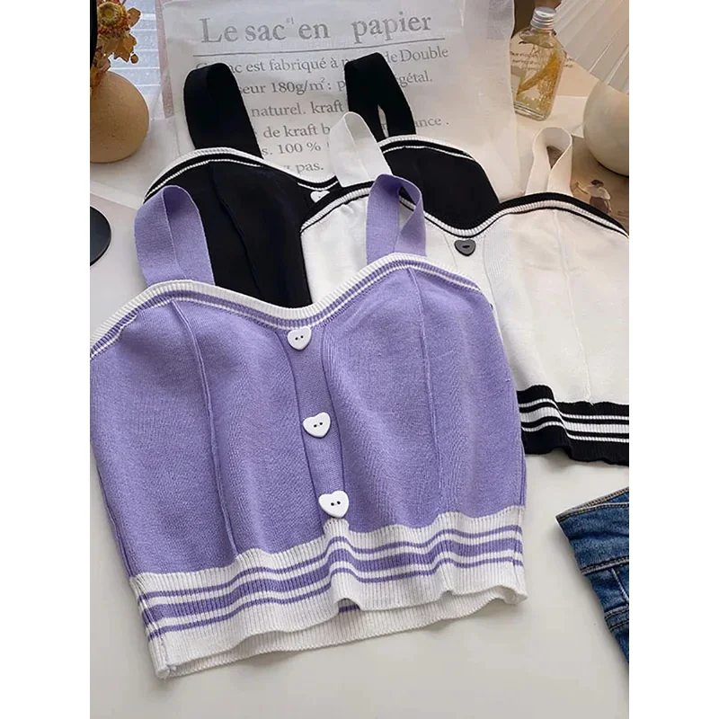 เสื้อสายเดี่ยวถักสำหรับผู้หญิงเสื้อครอปถักมีกระดุมลายน่ารักสำหรับฤดูร้อน