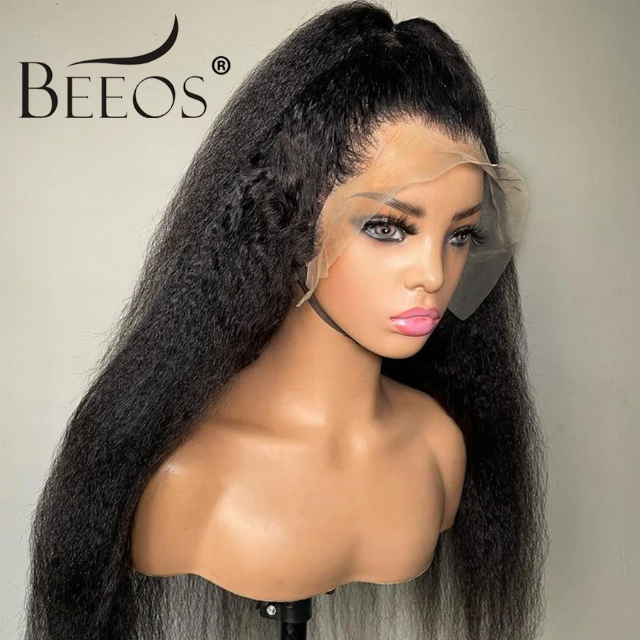 BEEOS-Kinky Straight Full Frmeds Wig, HD Lace Wigs, Human Hair, Pre Plucked, 13 age, 5x5 Closure