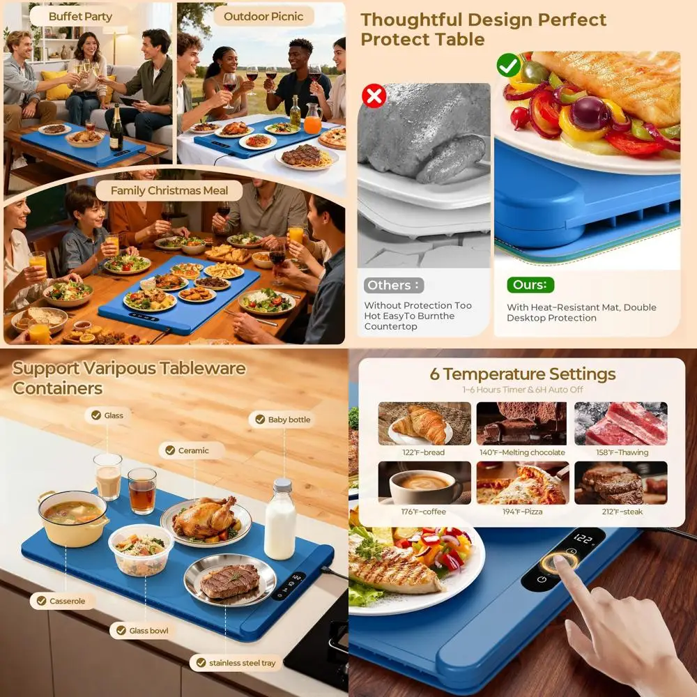 

Портативный графеновый нагревательный коврик для фуршетов, 6 режимов температуры, таймер на 6 часов, идеально подходит для вечеринок