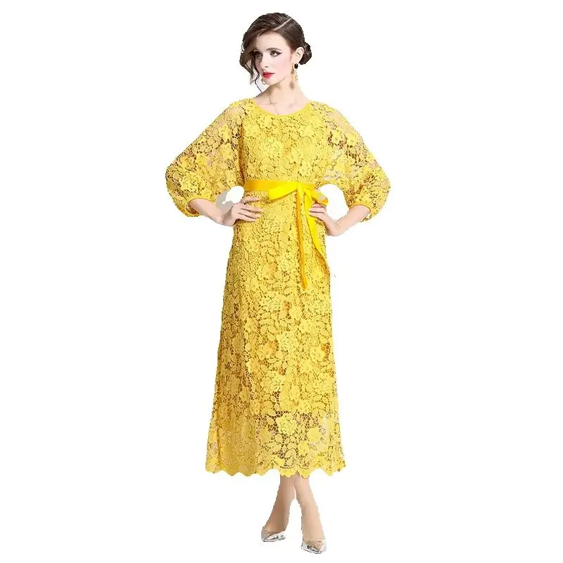 Temperamento a maniche lunghe girocollo vita stretta dimagrante abito in pizzo a trapezio cavo elegante gonna lunga altalena AZ 6956075