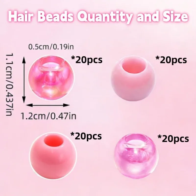 60Pcs Large Hole Hair Beads for Braids, Colorful Acrylic Pony Beads with Tool, Matte Pearl & Holographic Loc Beads Set for Kids