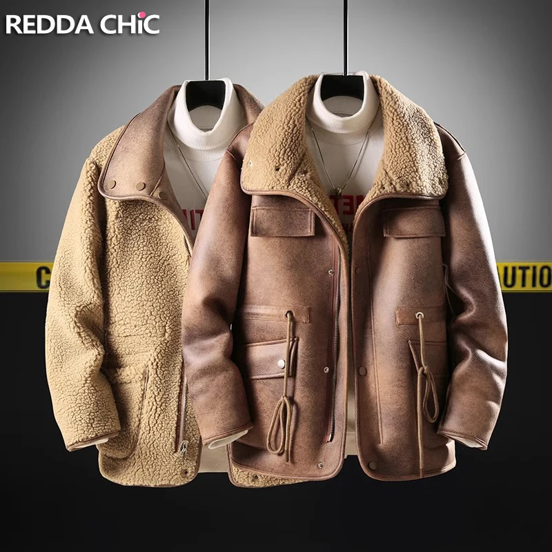 REDDACHIC Men Double-sided Lamb's Fleece Leather Bomber Jacket Solid Drawstring Waist Warm Winter Oversized Coat Retro Outerwear