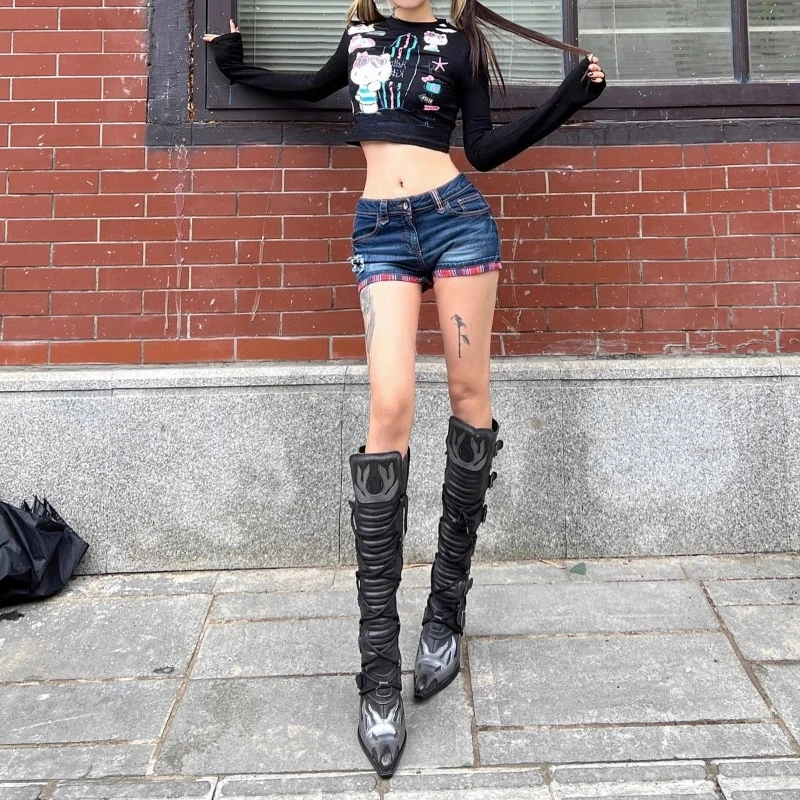 New Summer Women's Distressed Denim Shorts Low-Rise Checkered with Contrast Color Fitted Bodycon Rolled-Up Hem