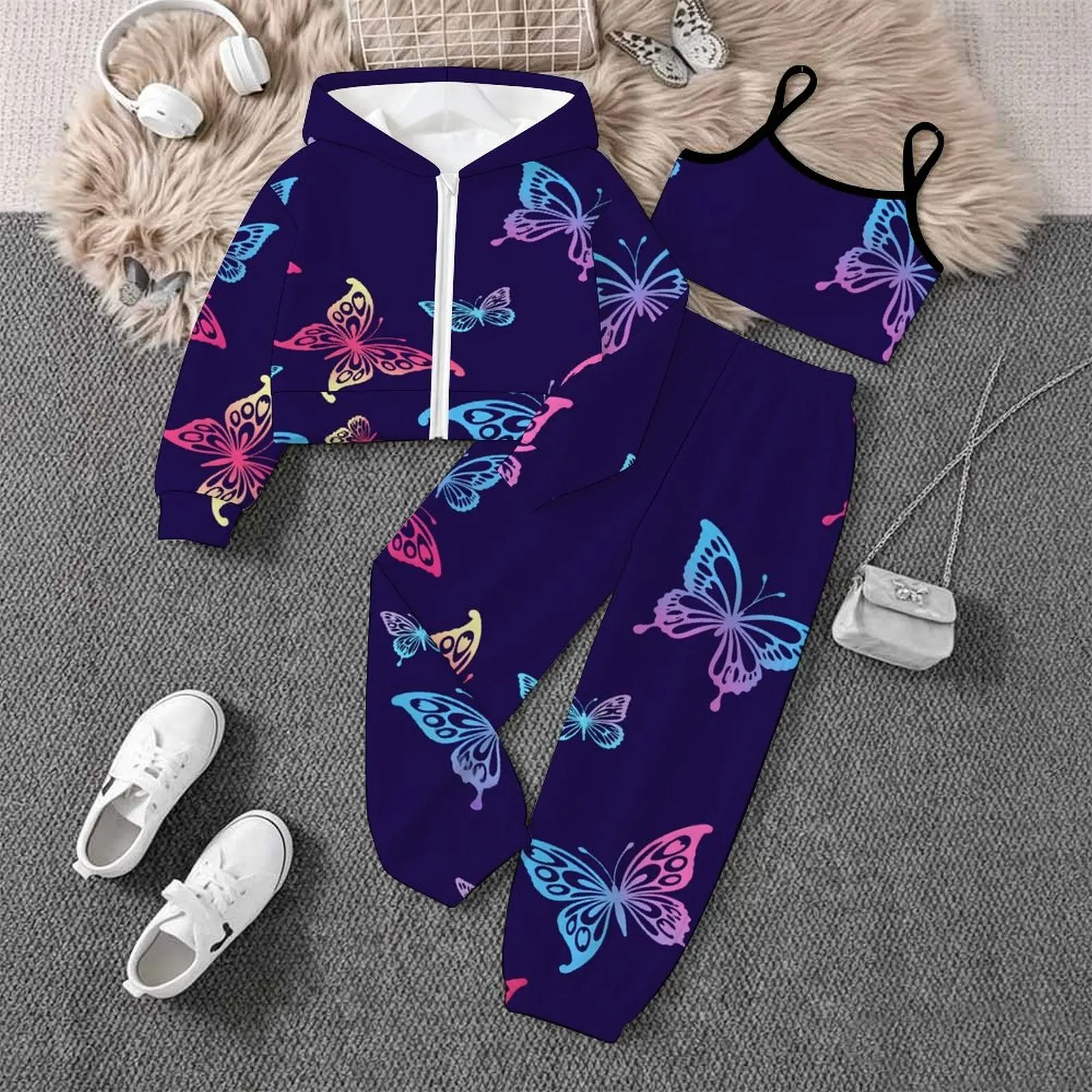 Winter Zipper Hoodie Long Sleeve Coat Jogging Pants Autumn Girls Yoga Pants Children's Printed Three-Piece Set Fashion Vest