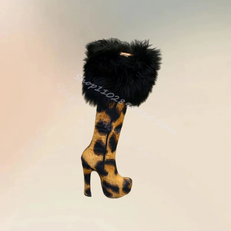 

Leopard Print Black Fur Decor Platform Boots Slip On Women Shoes Chunky High Heels Fashion Party Feast 2024 Zapatos Para Mujere