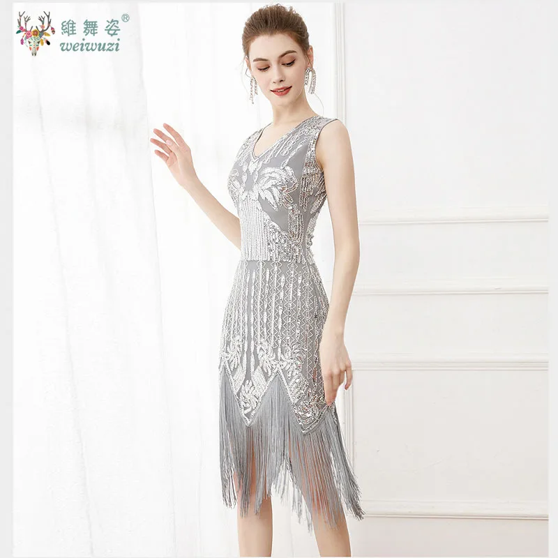 하이웨이스트 빈티지 V넥 시퀸 수제 비즈 자수 태슬 밑단 조끼 찰스턴 댄스 & 칵테일 파티 드레스 플러스 사이즈