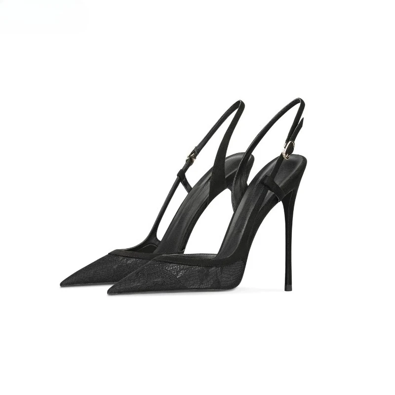New Women Elegant Lace Mesh Pointed Toe Stiletto High Heel Sandals, Single Strap Back Strap Party Dress Shoes