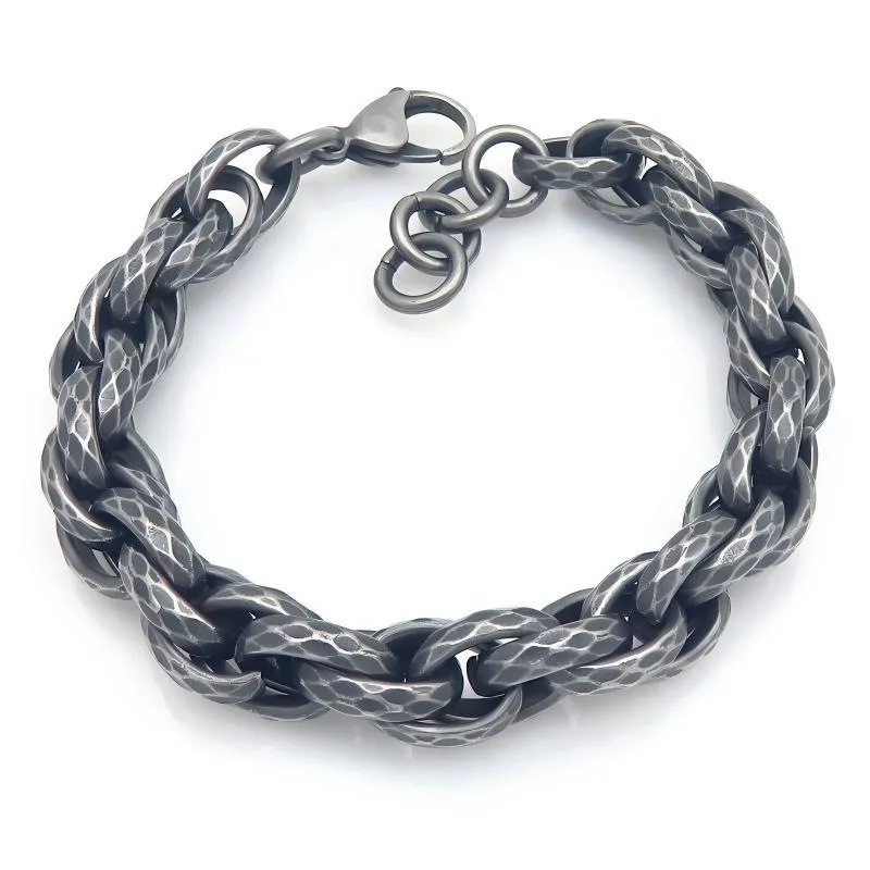 Gothic Hammer-Pattern Twisted Spiral Chain Stainless Steel Mens Bracelet - 11mm Width 9inch, Extended Chains Design