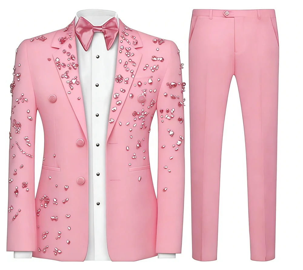 Olibexley Luxury Men's 2 Piece Suit Slim Double Breasted Beads Crystal Wedding Tuxedo Blazer Jacket Pants Set Customized S367