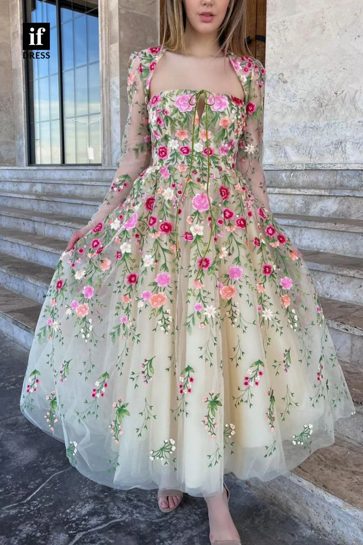 XIjun Lace Appliques Prom Dresses Long Sleeves Evening Dress Formal Ankle Length Party Dress 2023 Elegant Occasion Prom Gowns