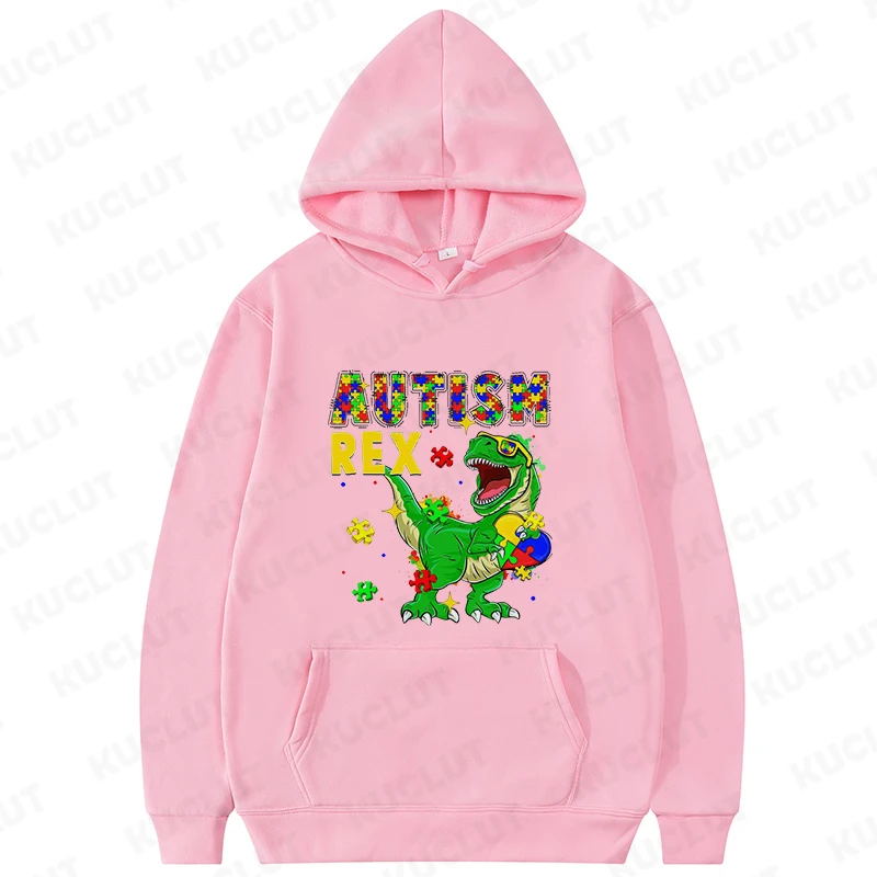 Hoodies de dinossauro unisex, camisolas de manga comprida, Outerwears, roupas Y2K, consciência do mês do autismo, Rex, outono, inverno